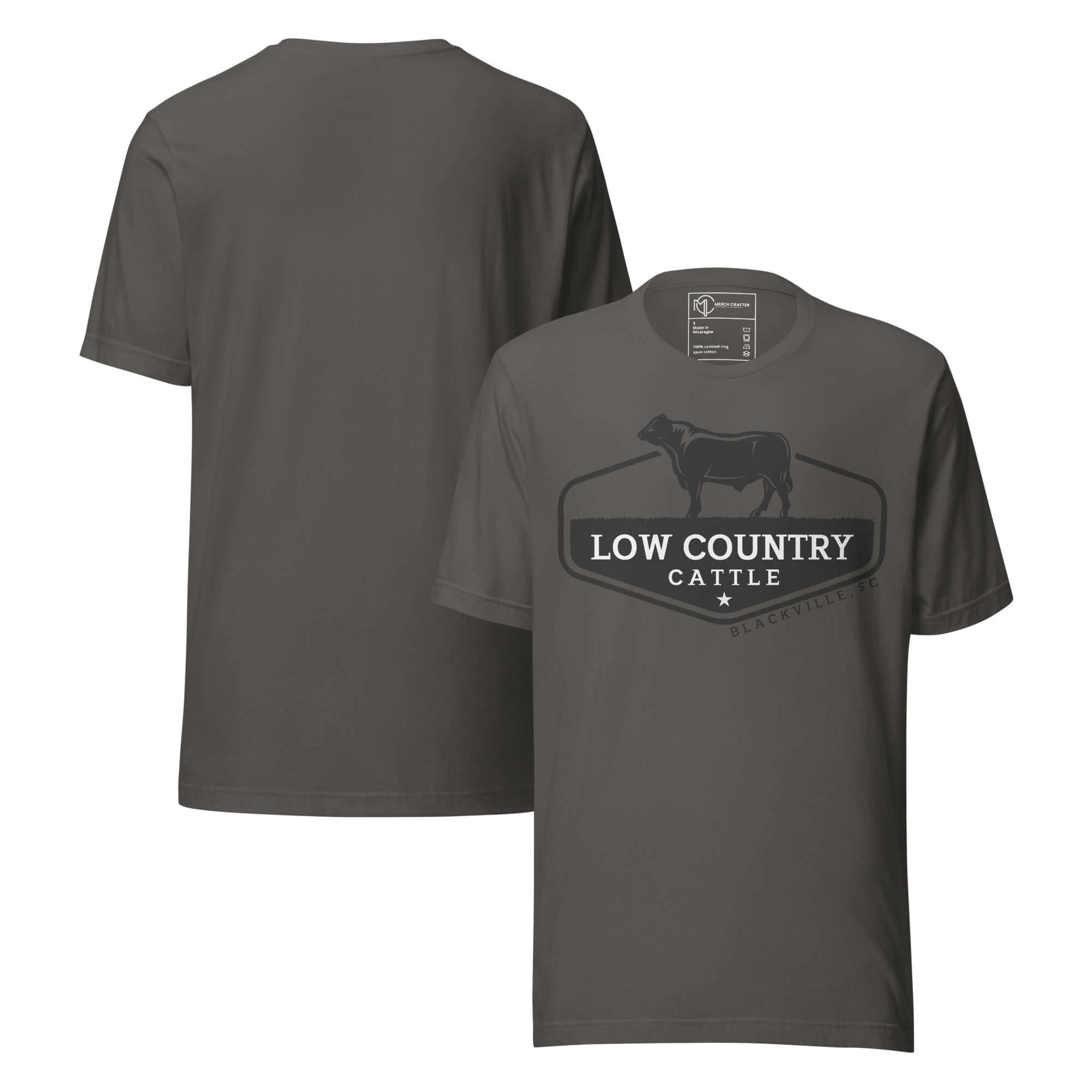 Low Country Cattle Ranch Pride Unisex T-Shirt featuring bold cattle silhouette and ranch logo design.