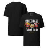 Celebrate Every Body No Diet Day Retro Unisex T-Shirt featuring fun cartoon fries, burger, and soda characters.