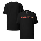 Unfrosted Funny Retro Unisex T-Shirt featuring bold red text and pastry emoji on a black background.