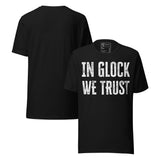 In Glock We Trust Retro Unisex T-Shirt displayed on a black background, emphasizing bold gun rights statement.