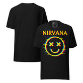 Vintage Nirvana Retro Unisex T-Shirt featuring neon glitch smiley face graphic on black fabric.