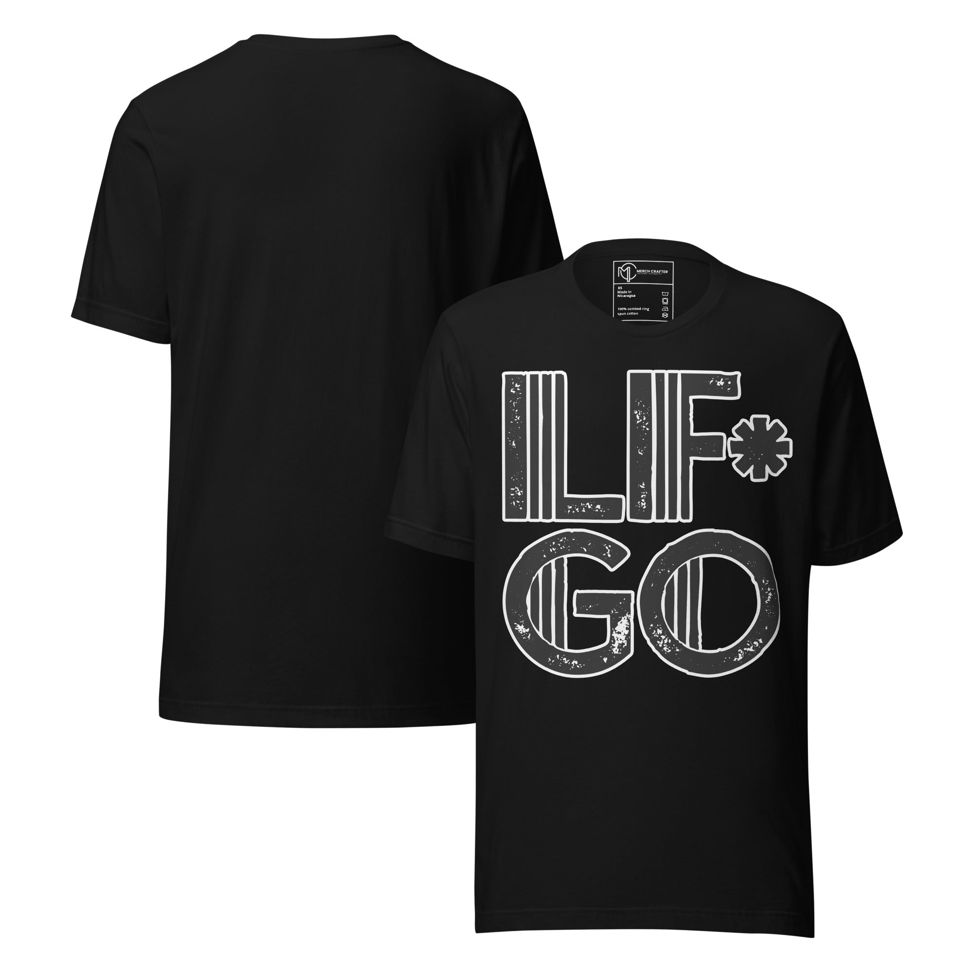 LF*GO Funny Retro Unisex T-Shirt featuring bold distressed typography on a black background.