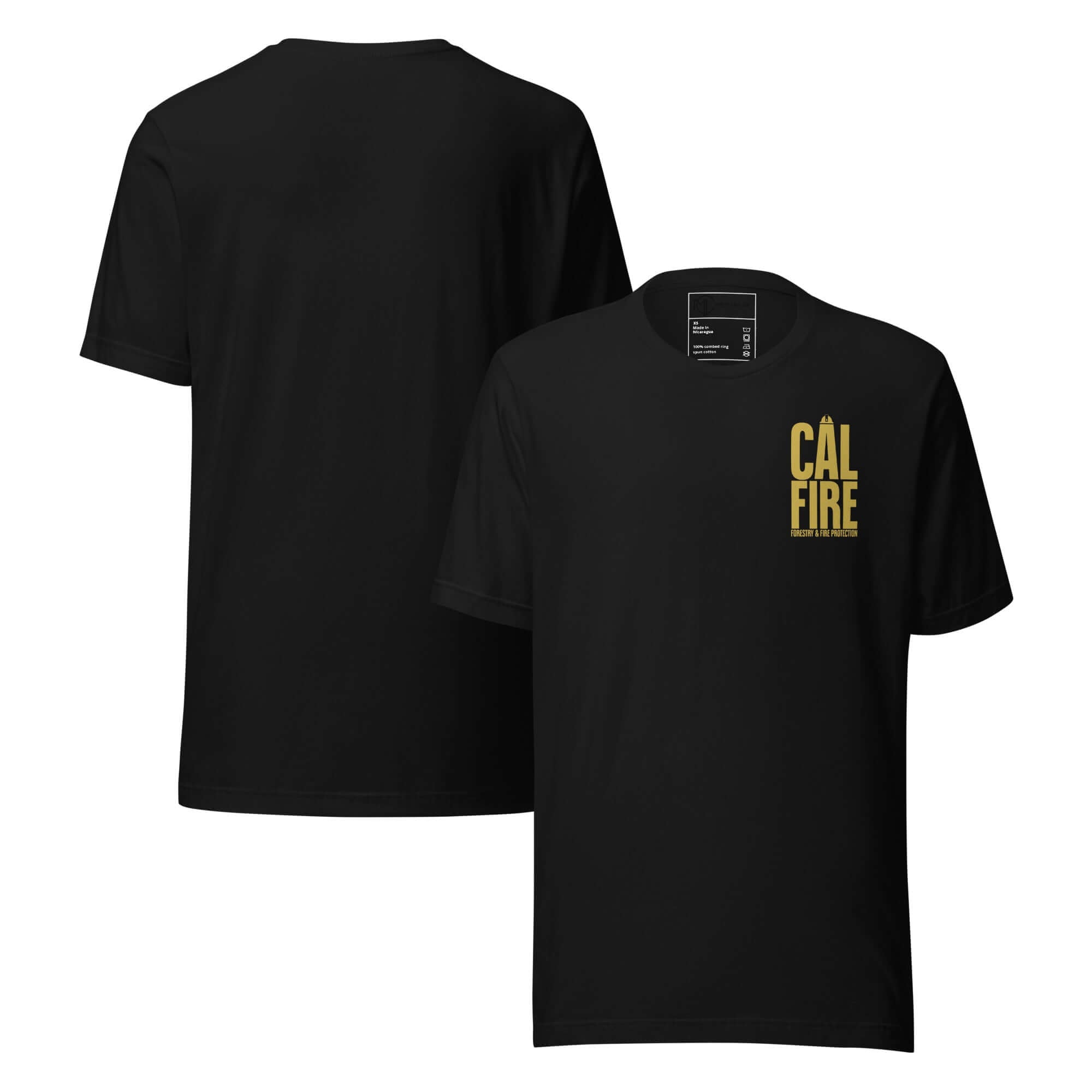 CAL FIRE Forestry & Fire Protection Retro Unisex T-Shirt in black with gold lettering front and back views.