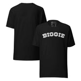 Biggie Retro Hip Hop Unisex T-Shirt front and back view showing bold block lettering on a black t-shirt.