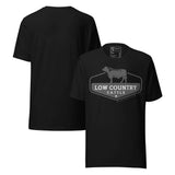 Low Country Cattle Ranch Pride Unisex T-Shirt featuring a bold cattle logo on a black tee.