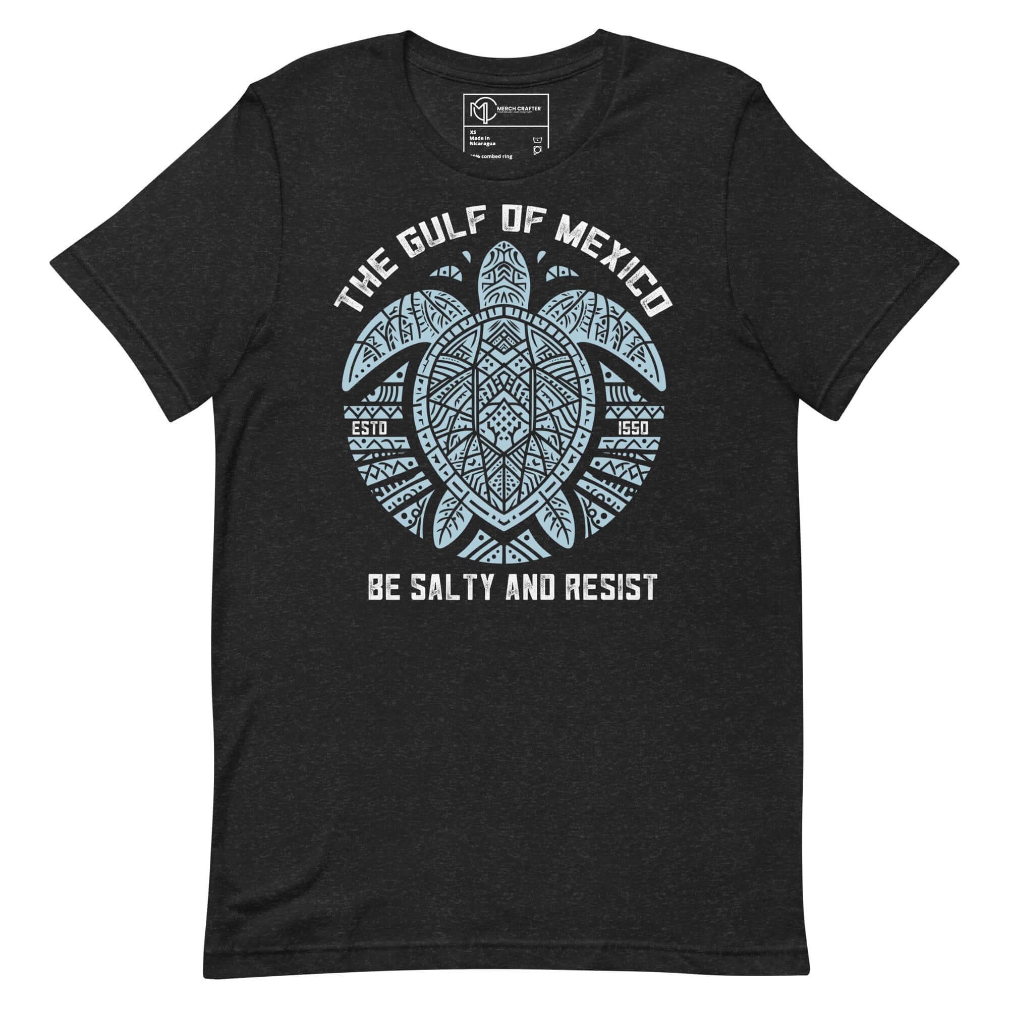 Gulf of Mexico tribal turtle t-shirt with 'Be Salty and Resist' design, celebrating marine life and coastal culture.