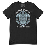 Gulf of Mexico tribal turtle t-shirt with 'Be Salty and Resist' design, celebrating marine life and coastal culture.