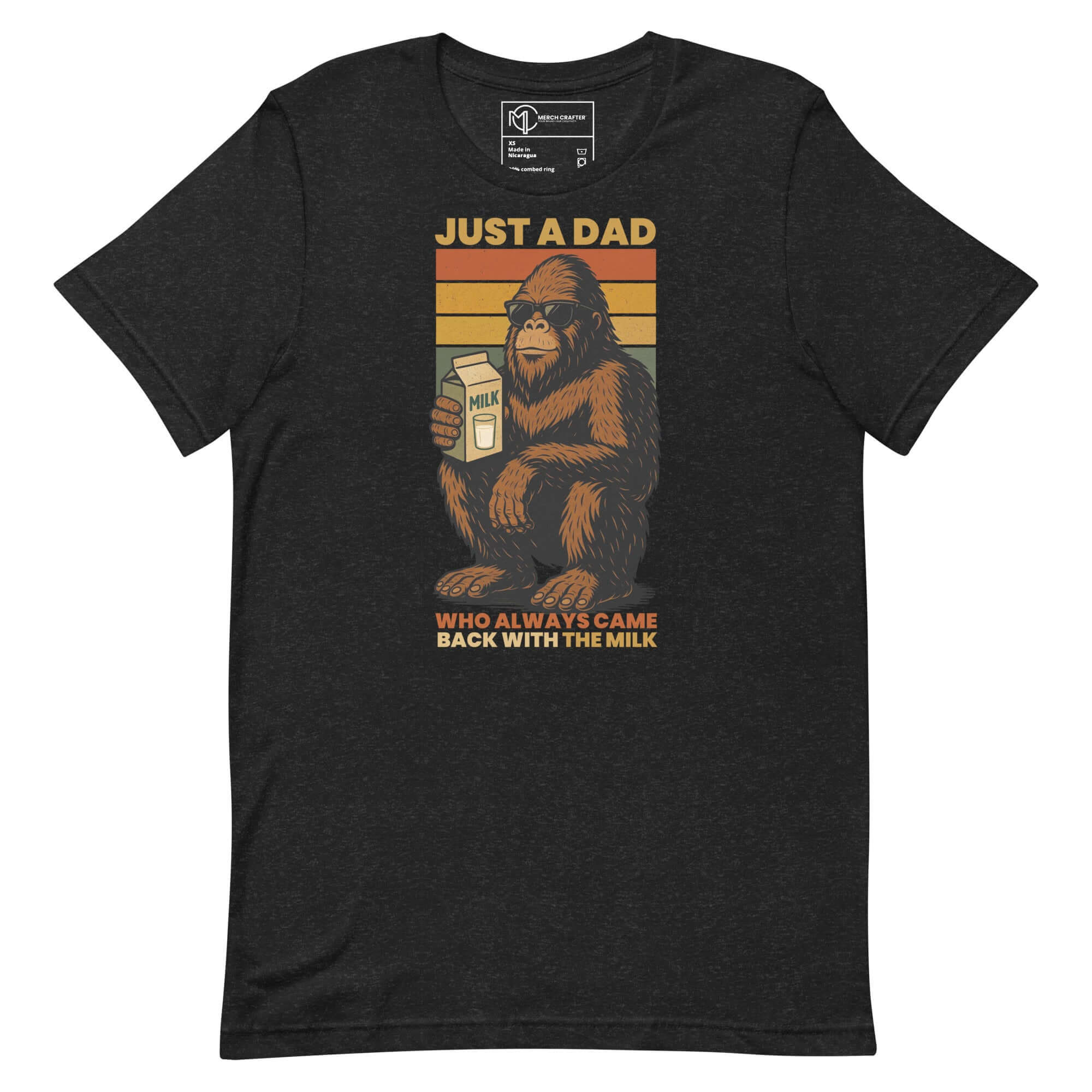 Funny Bigfoot dad T-shirt with quote ‘Just a Dad Who Always Came Back with the Milk’ and vintage design.