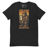 Funny Bigfoot dad T-shirt with quote ‘Just a Dad Who Always Came Back with the Milk’ and vintage design.