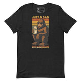 Funny Bigfoot dad T-shirt with quote ‘Just a Dad Who Always Came Back with the Milk’ and vintage design.