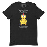 Funny chicken t-shirt featuring the quote 'You're dinner. Your dinner. Grammar matters. Stop scaring the chickens.'