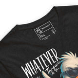 Close-up of unisex t-shirt collar featuring funny duck quote "Whatever Life Throws at You" in cartoon style.
