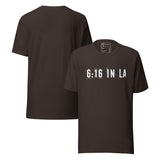 6:16 in LA Retro Unisex T-Shirt featuring bold distressed lettering in black