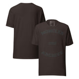 Grey Designer Saks Fifth Avenue Retro Unisex T-Shirt displayed from front and back view in stylish minimalist design.