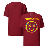 Vintage Nirvana Retro Unisex T-Shirt featuring neon glitch smiley face graphic on a burgundy tee.