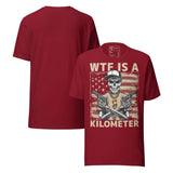 WTF Is a Kilometer Funny Patriotic Unisex T-Shirt with skeleton gangster graphic and American flag design