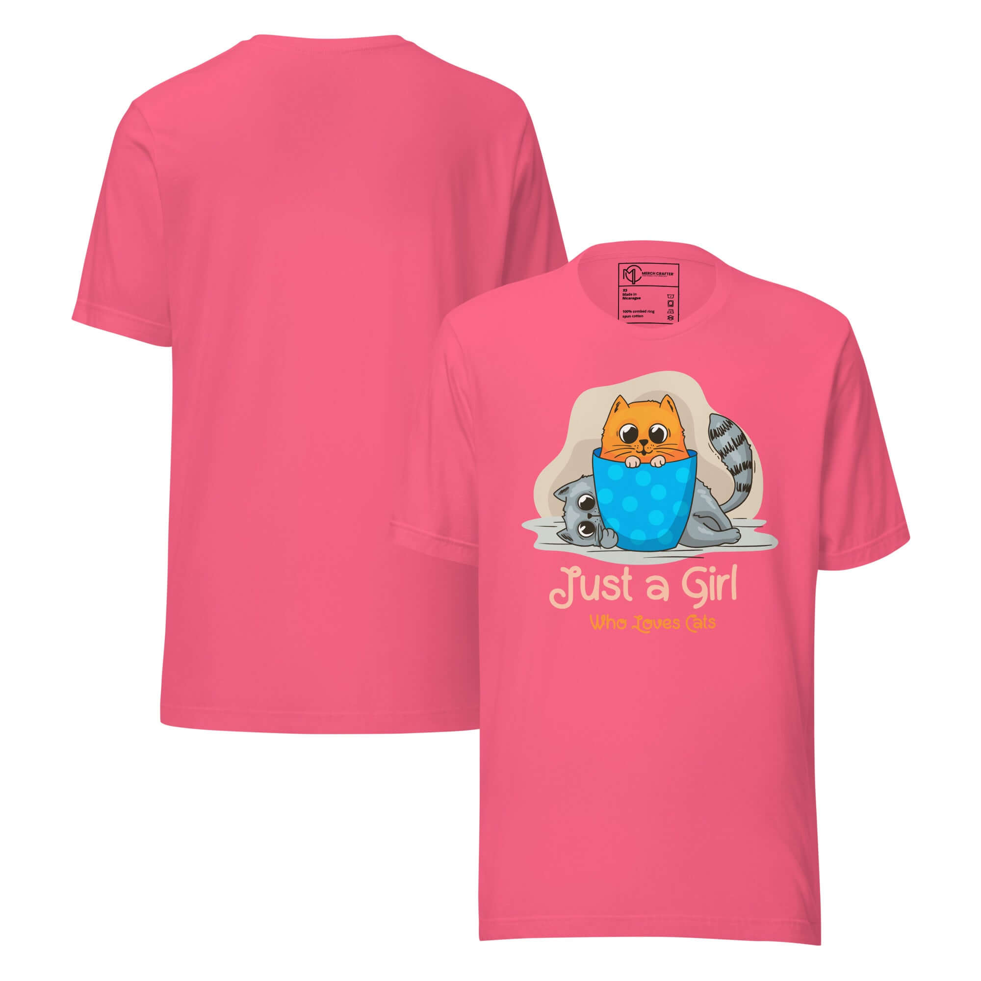 Just a Girl Who Loves Cats Cute Unisex T-Shirt featuring a cartoon cat design on a pink background.