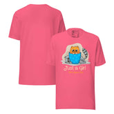 Just a Girl Who Loves Cats Cute Unisex T-Shirt featuring a cartoon cat design on a pink background.