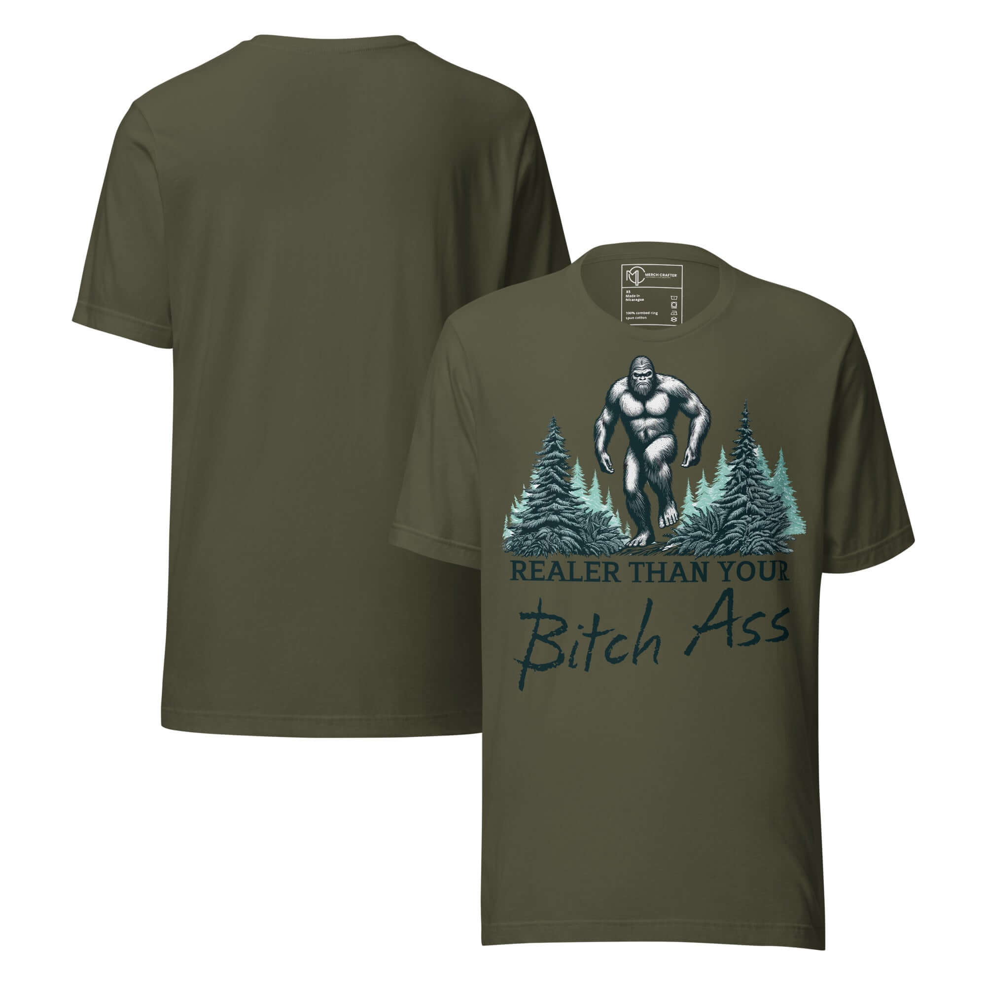Bigfoot Realer Than Your Bitch Ass Funny Sasquatch T-Shirt featuring retro design with Bigfoot in forest.