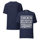 Chicken Shredder Squad Funny Retro Unisex T-Shirt in navy blue featuring bold typography.