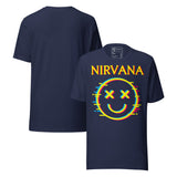 Vintage Nirvana Retro Unisex T-Shirt featuring a neon glitch smiley face graphic, perfect for grunge culture enthusiasts.