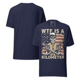 WTF Is a Kilometer Funny Patriotic Unisex T-Shirt featuring a skeleton gangster graphic with American flag.
