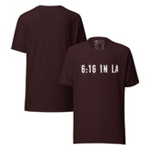 6:16 in LA Retro Unisex T-Shirt featuring bold, distressed lettering on a maroon tee, perfect for urban streetwear.