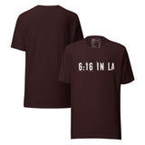 6:16 in LA Retro Unisex T-Shirt featuring bold, distressed lettering on a maroon tee, perfect for urban streetwear.
