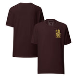 CAL FIRE Forestry & Fire Protection Retro Unisex T-Shirt showcasing bold gold lettering on a maroon background.