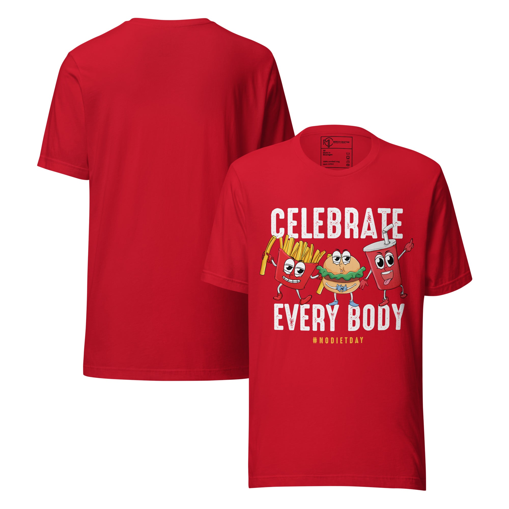 Celebrate Every Body No Diet Day Retro Unisex T-Shirt with cartoon fries, burger, and soda characters.