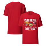 Celebrate Every Body No Diet Day Retro Unisex T-Shirt with cartoon fries, burger, and soda characters.