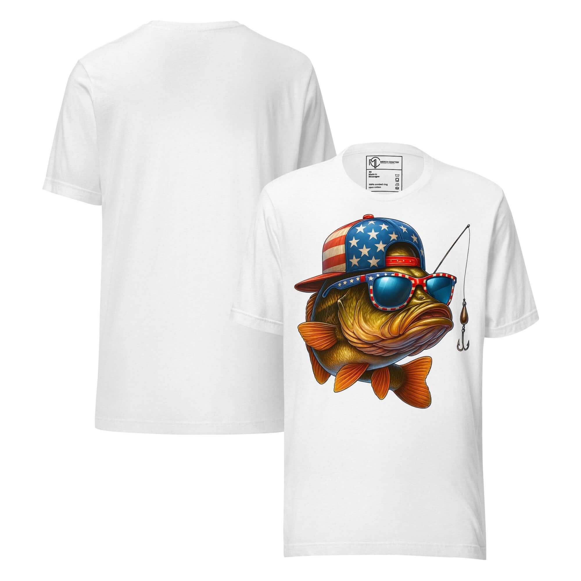 Patriotic Bass Fishing USA Flag Unisex T-Shirt featuring a bass fish in American flag sunglasses and hat.