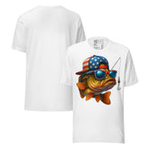 Patriotic Bass Fishing USA Flag Unisex T-Shirt featuring a bass fish in American flag sunglasses and hat.