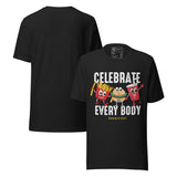 Celebrate Every Body No Diet Day Retro Unisex T-Shirt with cartoon fries, burger, and soda characters design.