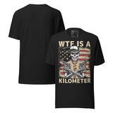 WTF Is a Kilometer Funny Patriotic Unisex T-Shirt featuring a skeleton gangster on an American flag.