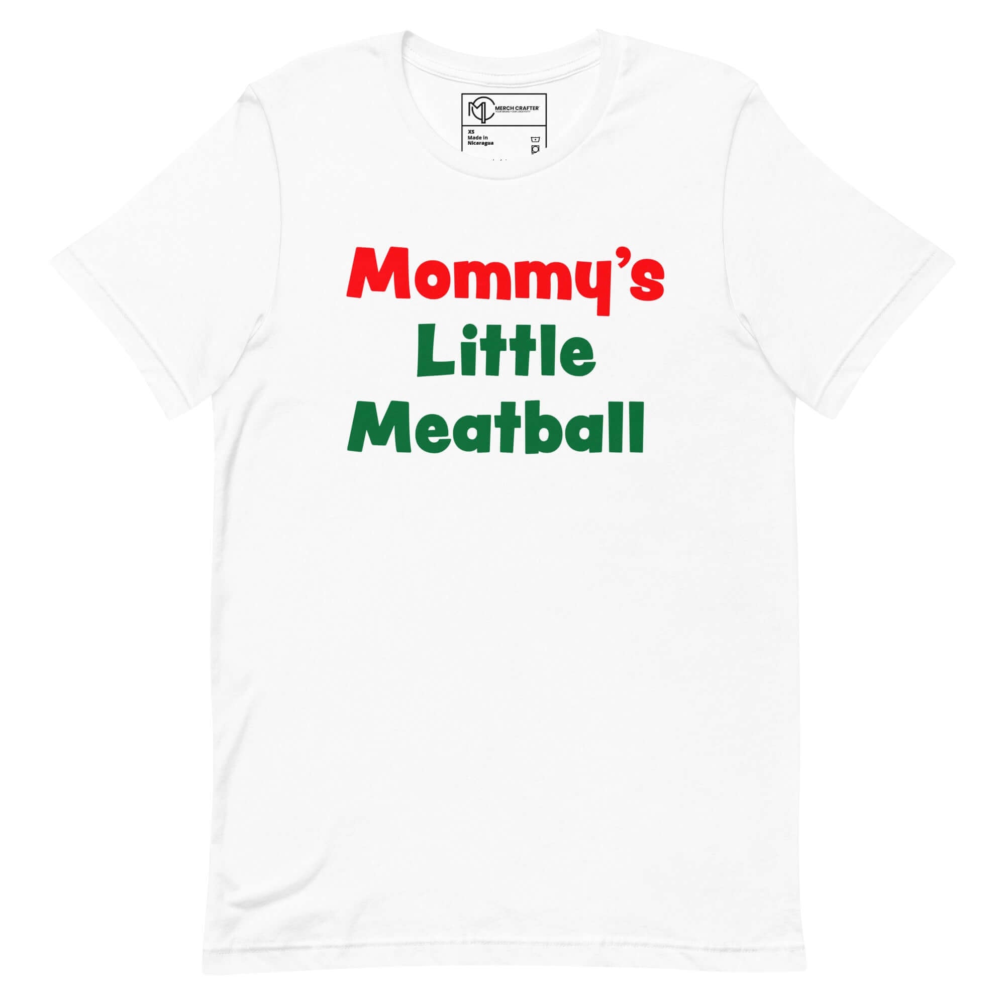 White t-shirt featuring the text 'Mommy's Little Meatball' in red and green, perfect for kids and parents who love fun apparel.