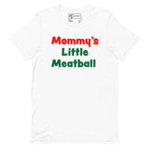 White t-shirt featuring the text 'Mommy's Little Meatball' in red and green, perfect for kids and parents who love fun apparel.
