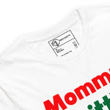 Close-up of Mommy's Little Meatball t-shirt neckline, showcasing fun food-themed design and quality fabric.