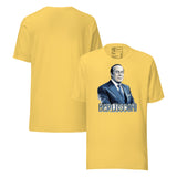 Berlusconi Retro Unisex T-Shirt featuring an illustrated portrait of Silvio Berlusconi on a yellow shirt.