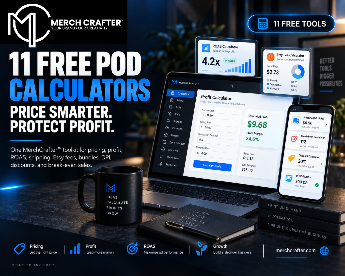 11 Free POD Calculators: Pricing, Profit, ROAS, Shipping, Etsy Fees & More | MerchCrafter™