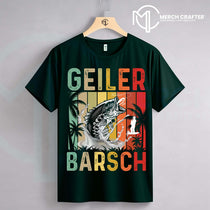 Geiler Barsch T-Shirt Designs für Deutsch merch by amazon featuring a fish graphic on a dark green shirt.