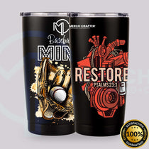 Custom Tumbler Designs for Merch by Amazon featuring baseball glove and restore design, ideal for sports fans.