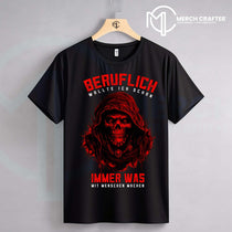 T-Shirt Designs für Deutsch merch by amazon featuring a black shirt with a red skull graphic and bold text.