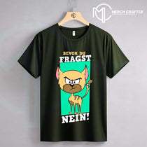 T-Shirt Designs für Deutsch merch by amazon featuring a cat illustration with the text 'BEVOR DU FRAGST NEIN!'. Stylish and colorful design.