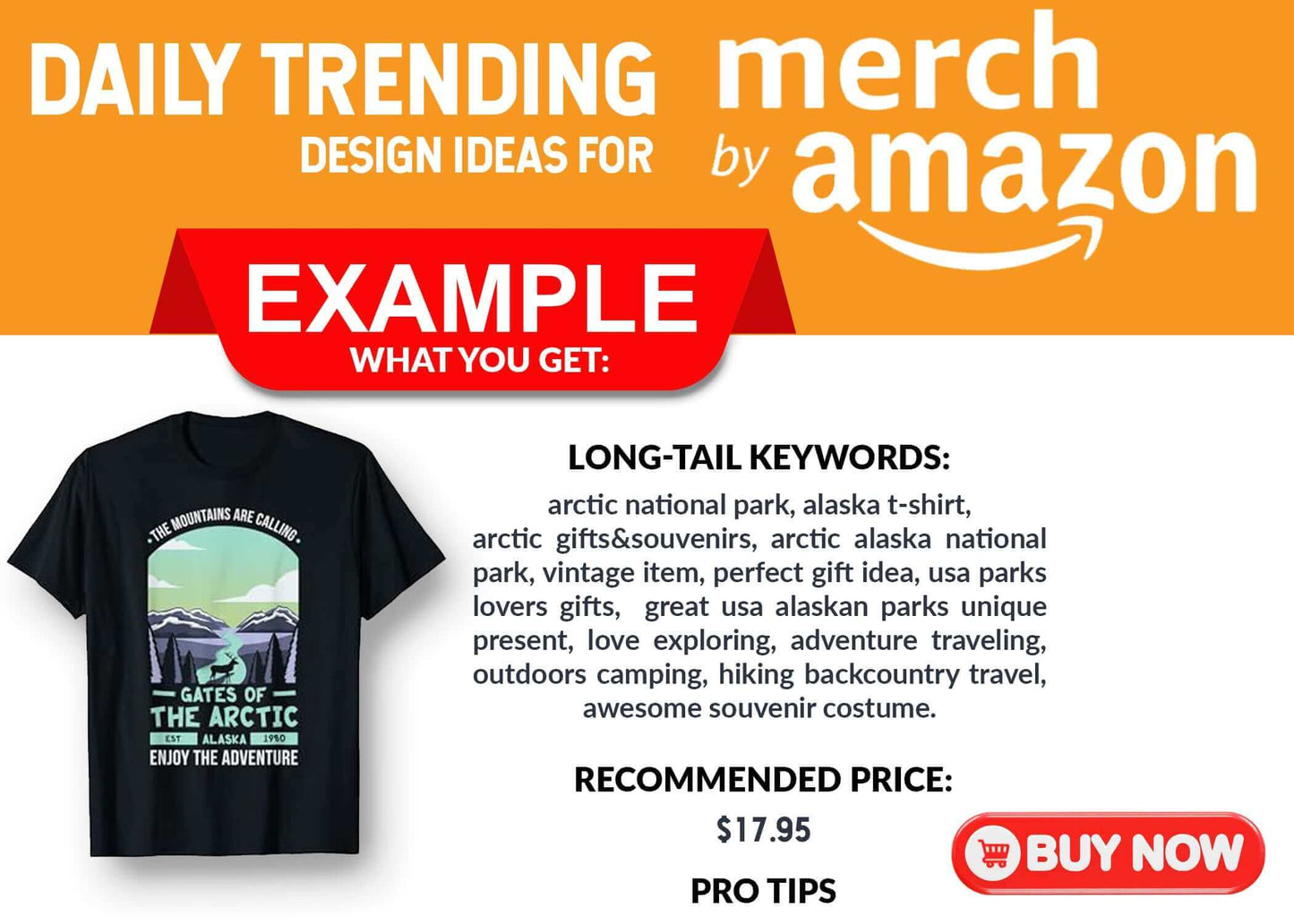 Daily Trending Design Ideas for Merch By Amazon with example design and long-tail keywords for Merch By Amazon sellers