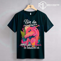 T-Shirt Designs für Deutsch merch by amazon featuring a colorful flamingo and tropical elements with the text "Bin da kann losgehen und ja es eskaliert eh".
