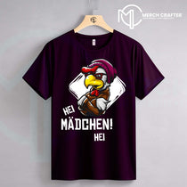 T-Shirt Designs für Deutsch merch by amazon featuring a cartoon rooster design with the text "Hei! Mädchen! Hei!"
