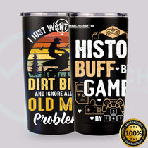 Custom Tumbler Designs for Merch by Amazon featuring slogans for biking and gaming enthusiasts.