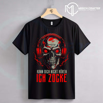 T-Shirt Designs für Deutsch merch by amazon with a skull and headphones, featuring the text 'Kann dich nicht hören, Ich zocke'.