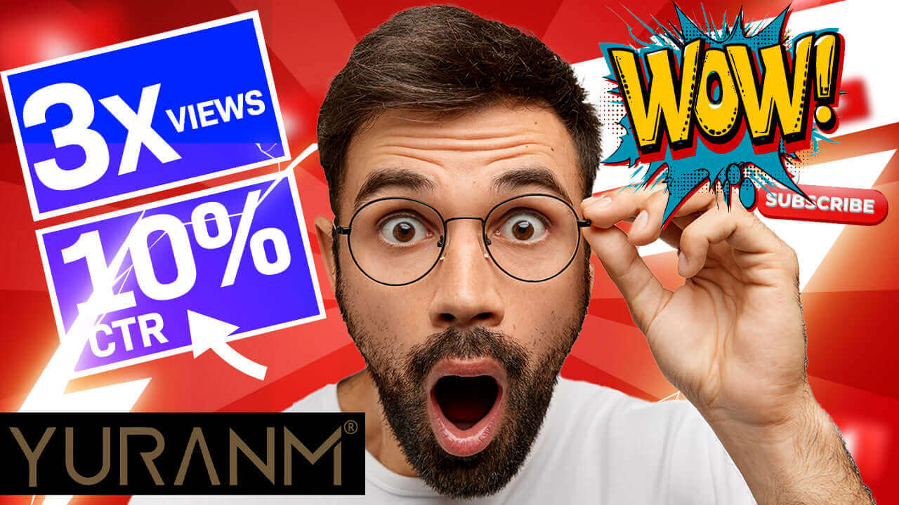 Man with surprised expression, surrounded by YouTube growth graphics; "3x Views," "10% CTR," "Subscribe," and "WOW!" icons.